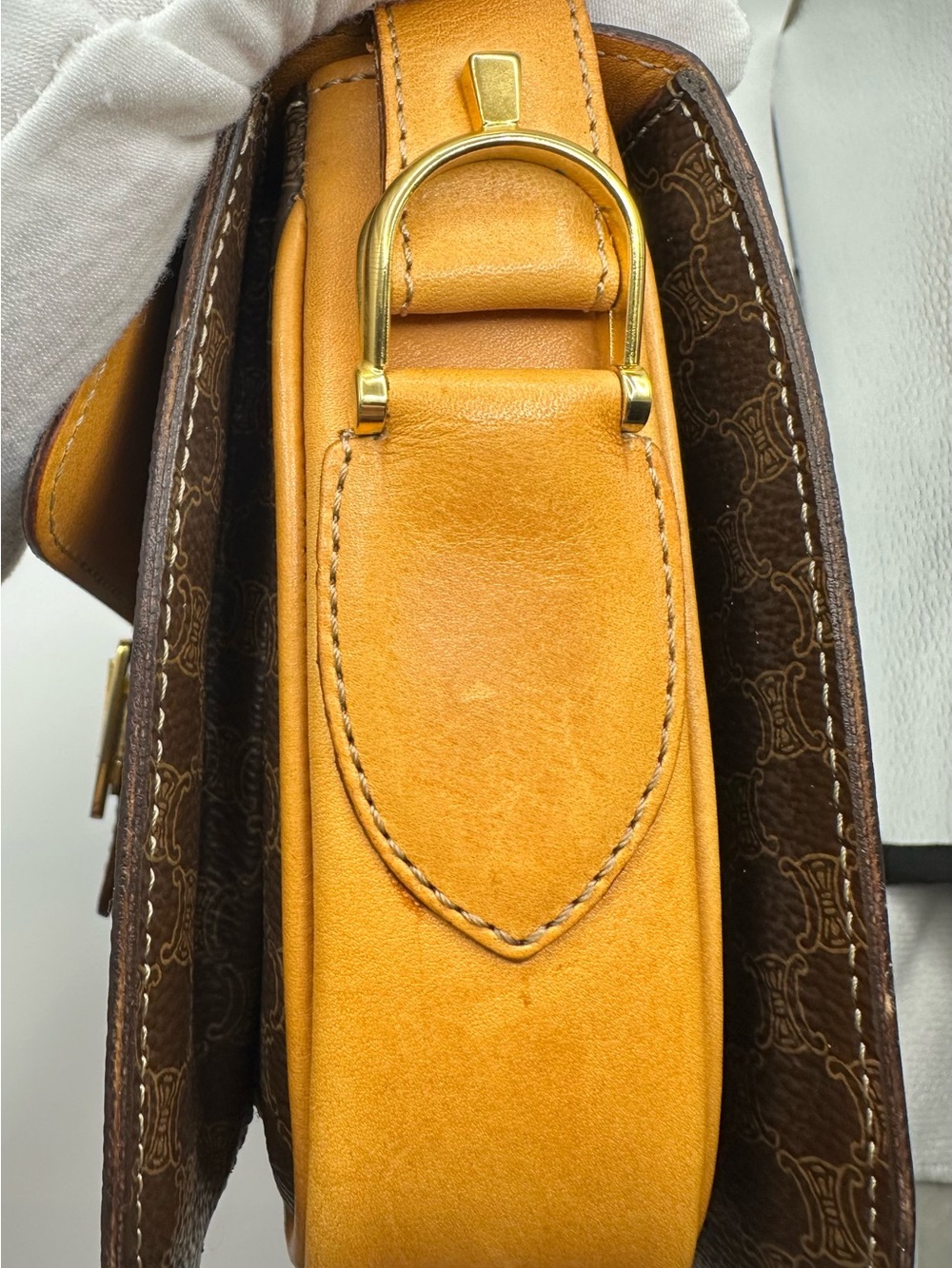 Celine Brown Monogram Leather Clutch with Tan Strap and Gold Hardware - Picture 7 of 16